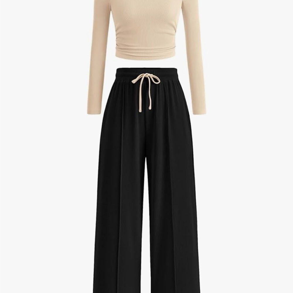 Loungewear Matching Set, Cream Crop Top and Black Wide Leg Pants, Size XL